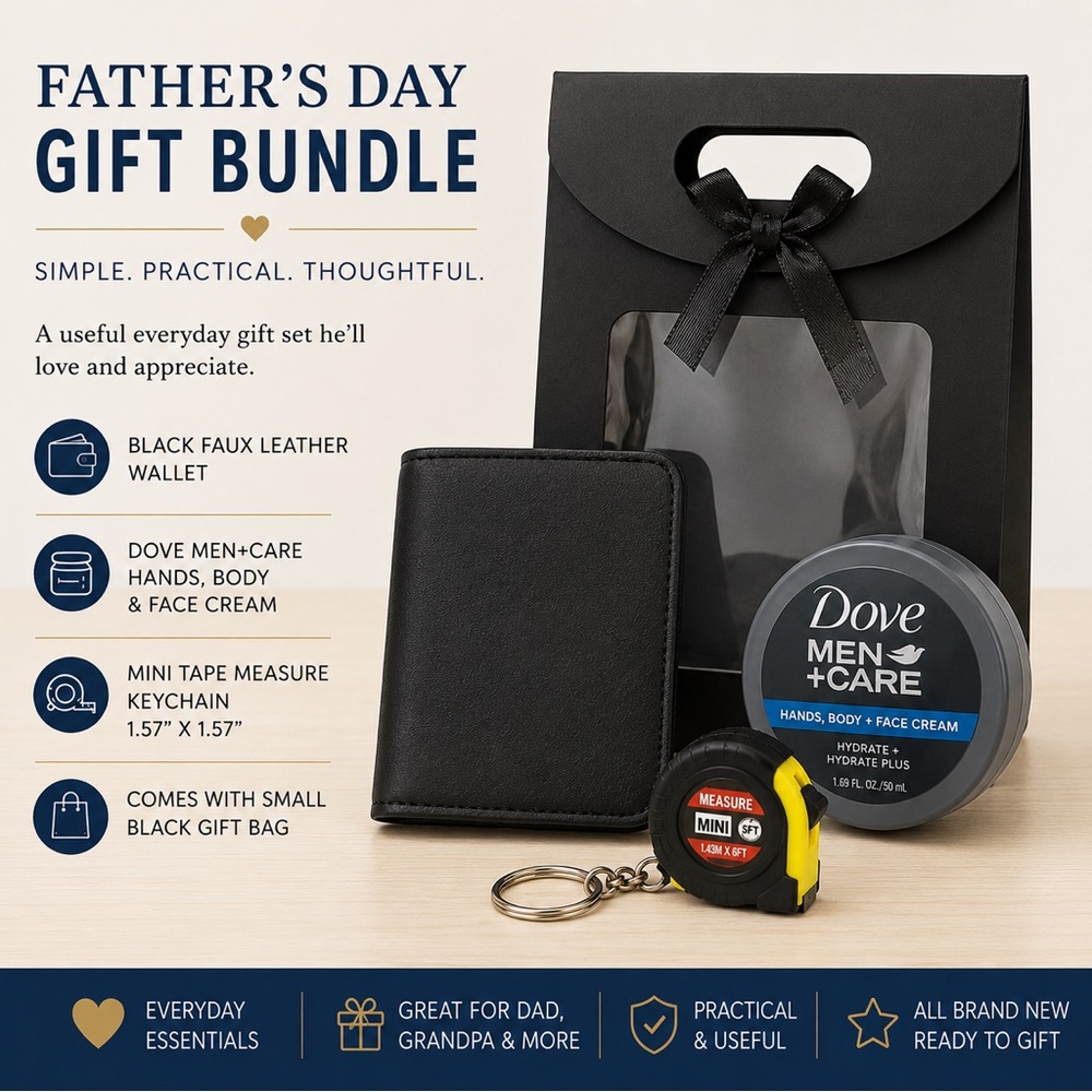 Father’s Day Bundle: Wallet, Dove Men’s Cream, Mini Tape Measurer Keychain